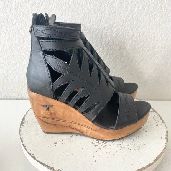 NEW Lane Boots BECCA Womens Black Wedges 8.5 Western Sandals Cowgirl Wooden Heel - Picture 2 of 10